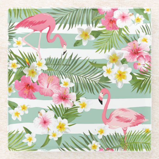 フラミンゴスとストライプ ガラスコースター (正面)