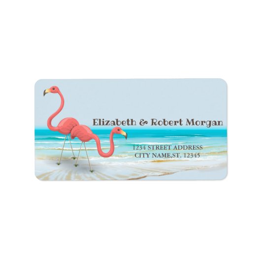 フラミンゴスインラブ，ビーチ結婚式ラベル ラベル (正面)