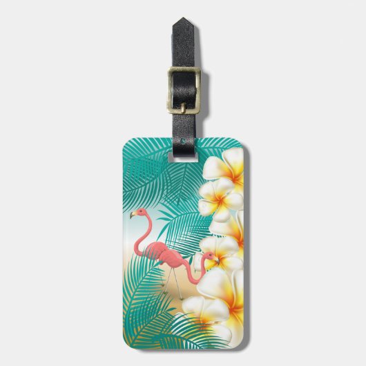 フラミンゴスオンアティール(緑がかった色)トロピカルビーチ ラゲッジタグ (正面縦)