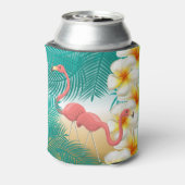 フラミンゴスオンティール(緑がかった色)熱帯ビーチデザイン 缶クーラー (缶裏面)