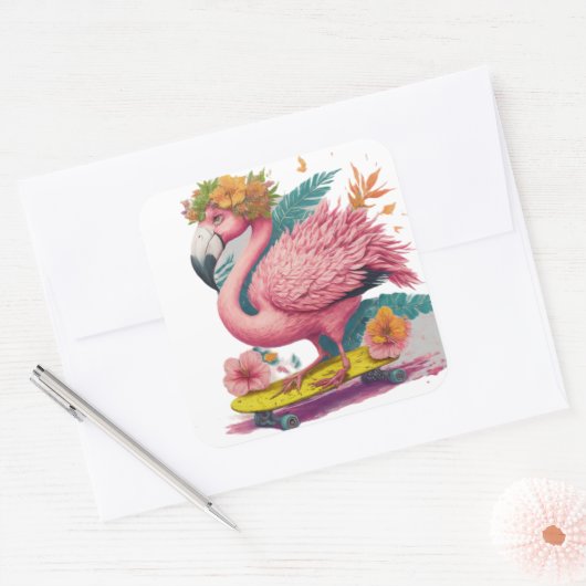 フラミンゴスケーター – トロピカルスケートボードビーブスクエア スクエアシール (封筒)