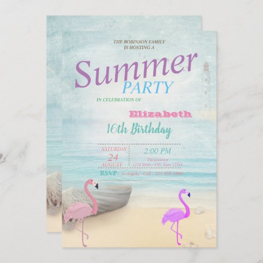 フラミンゴスサマーボートライトハウスバースデーパーティー 招待状 (正面/裏面)