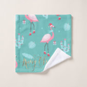 フラミンゴスサンタハットプレゼント雪片 バスタオルセット (ウォッシュタオル)