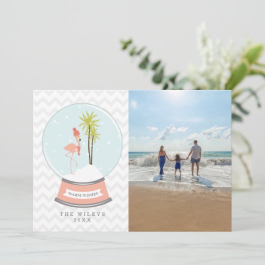 フラミンゴスノーグローブビーチフォトクリスマス シーズンカード (スタンド正面)