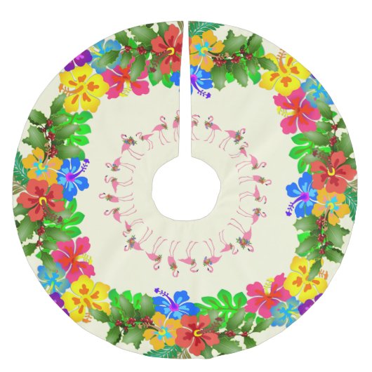 フラミンゴスハイビスカスホリー熱帯クリスマス ブラッシュドポリエステルツリースカート (正面)