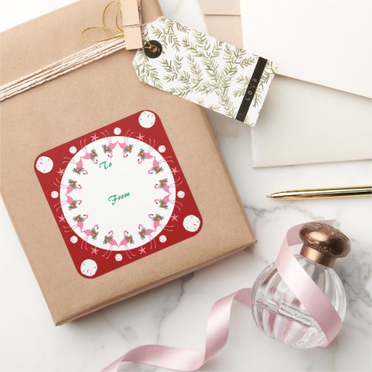 フラミンゴスレッドビーチクリスマスギフトラベルから スクエアシール (ギフト)