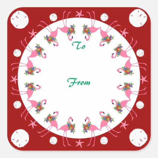 フラミンゴスレッドビーチクリスマスギフトラベルから スクエアシール (正面)