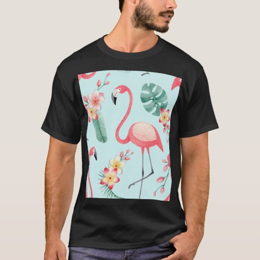 フラミンゴス熱帯花の水彩パターン Tシャツ (正面)