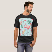 フラミンゴス熱帯花の水彩パターン Tシャツ (正面フル)