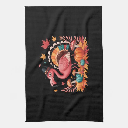 フラミンゴターキーキュートフラミンゴターキー秋リーフタ キッチンタオル (縦)