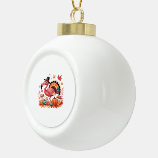 フラミンゴターキーキュートフラミンゴターキー秋リーフタ セラミックボールオーナメント (右)