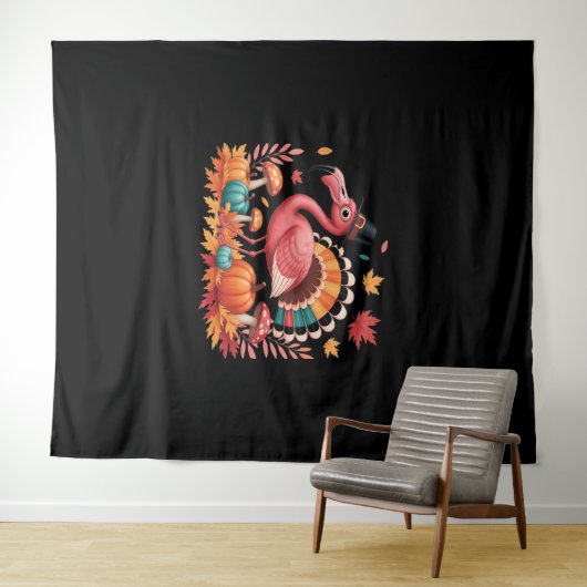 フラミンゴターキーキュートフラミンゴターキー秋リーフタ タペストリー (インサイチュ(横))