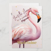 フラミンゴテーマピンク金ゴールド誕生日 招待状 (正面/裏面)