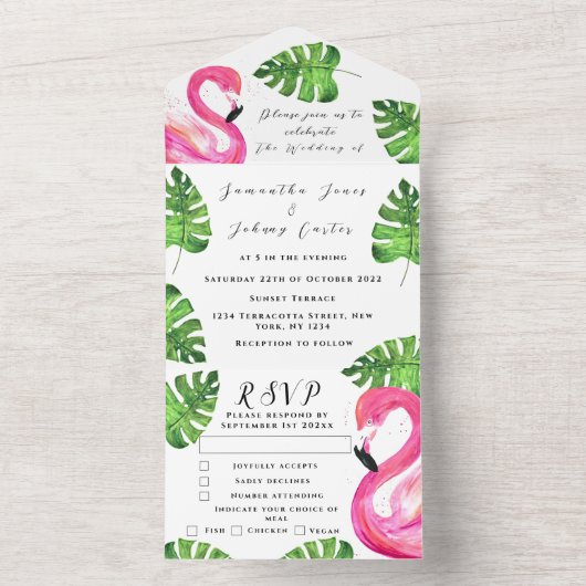 フラミンゴトロピカルハワイアンリーフフローラルウェディング オールインワン招待状 (内側)