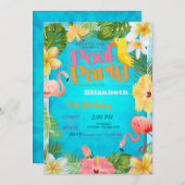 フラミンゴトロピカルフラワープール誕生日パーティー 招待状 (正面/裏面)
