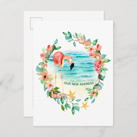 フラミンゴトロピカルリースビーチシーン新しいアドレス 案内ポストカード (正面/裏面)