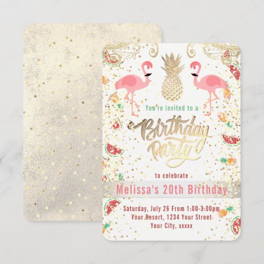 フラミンゴトロピカル誕生日パーティー 招待状 (正面/裏面)