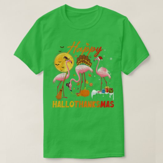 フラミンゴハッピーハロサンクスマスハローウィーン Tシャツ (デザイン正面)