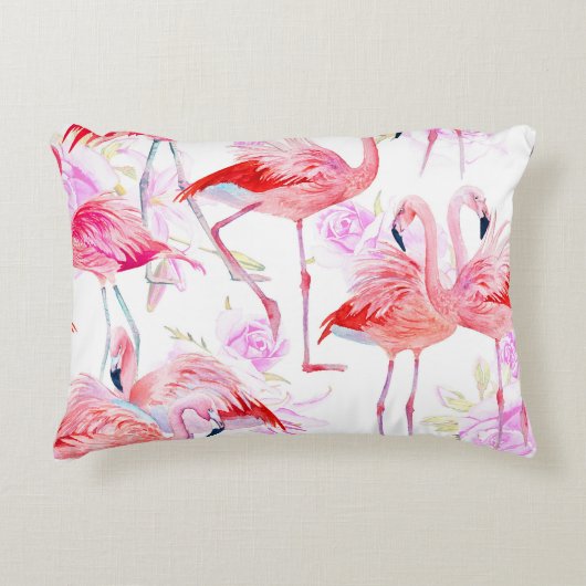 フラミンゴバラ:水彩鳥フローラ アクセントクッション (正面)