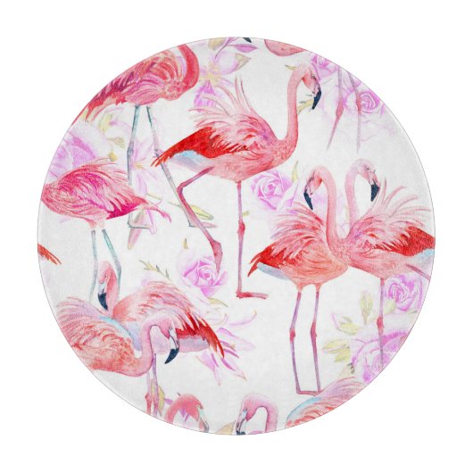 フラミンゴバラ:水彩鳥フローラ カッティングボード (正面)