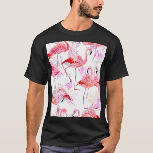 フラミンゴバラ:水彩鳥フローラ Tシャツ (正面)