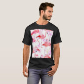 フラミンゴバラ:水彩鳥フローラ Tシャツ (正面フル)