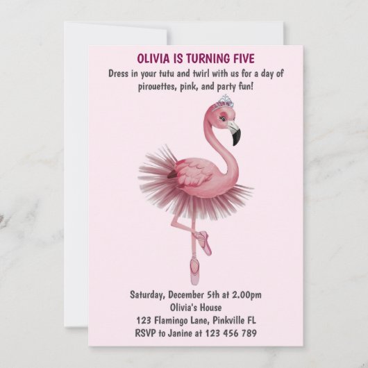 フラミンゴバレエダンサー誕生日 招待状 (正面)