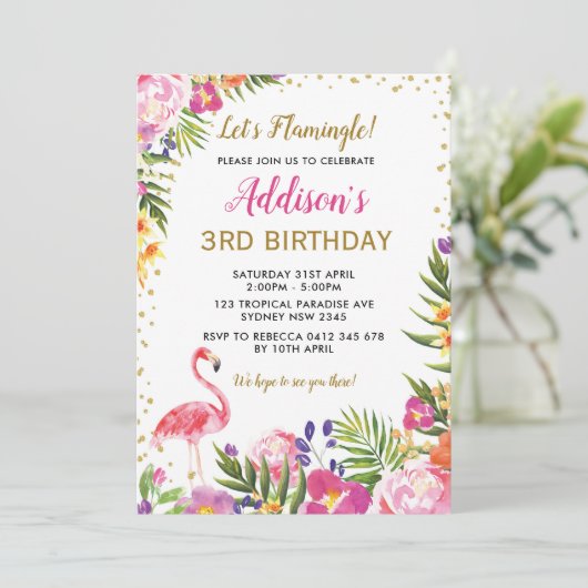 フラミンゴバースデーパーティトロピカルサマーフローラ 招待状 (スタンド正面)