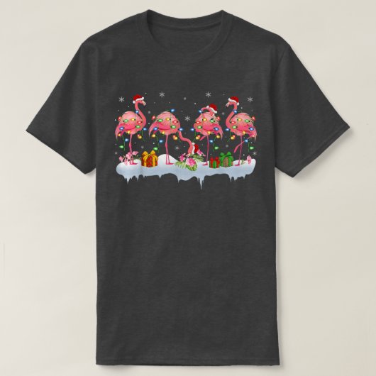 フラミンゴバードラバークリスマスライトピンクフラミンゴチャリ Tシャツ (デザイン正面)
