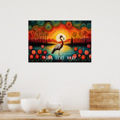 フラミンゴバードレイクサンセットカラフルフローラ ポスター (キッチン)