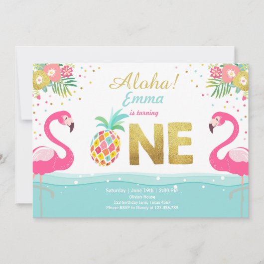 フラミンゴパーティの招待状トロピカルパイナップルルアウ(ハワイ式宴会) 招待状 (正面)