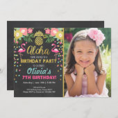 フラミンゴパーティの招待状トロピカル誕生日ルアウ（ハワイ式宴会） 招待状 (正面/裏面)