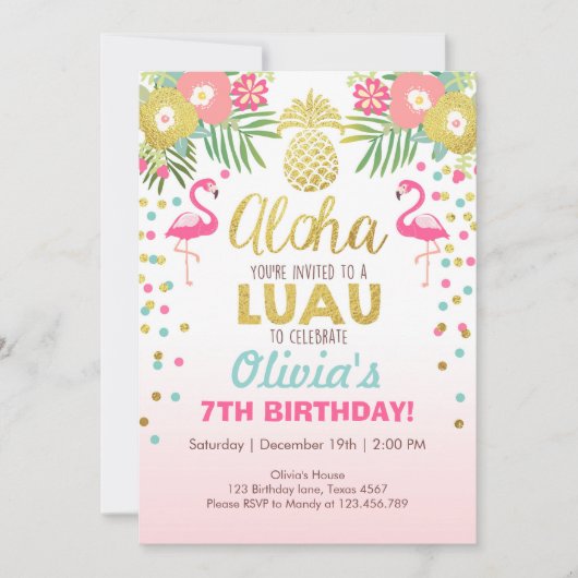 フラミンゴパーティの招待状熱帯誕生日ルアウ(ハワイ式宴会) 招待状 (正面)