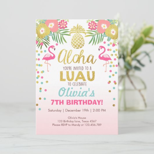 フラミンゴパーティの招待状熱帯誕生日ルアウ(ハワイ式宴会) 招待状 (スタンド正面)