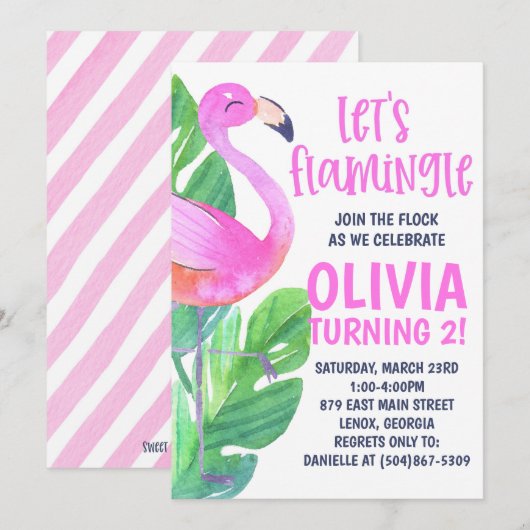フラミンゴパーティへようこそ！誕生日パーティのお誘い 招待状 (正面/裏面)