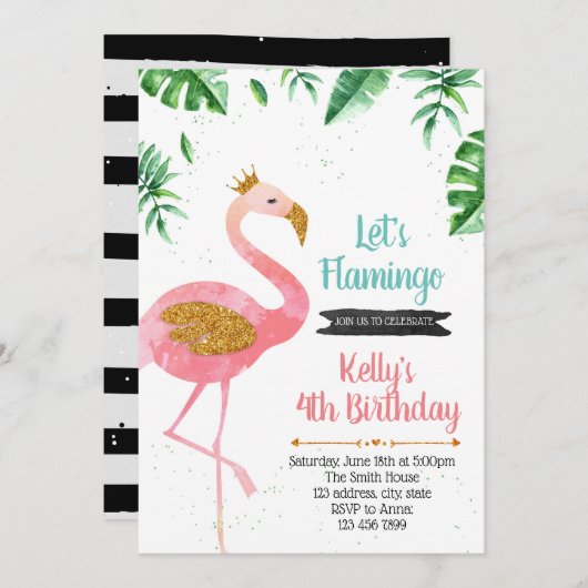 フラミンゴパーティーの誕生日を招待 招待状 (正面/裏面)