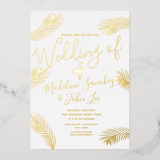 フラミンゴパームフォイルプレス結婚式招待状 箔シーズンカード (正面)