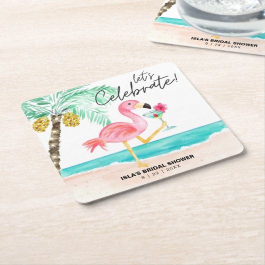 フラミンゴビーチカクテルトロピカルブライダルシャワー スクエアペーパーコースター (アングル)