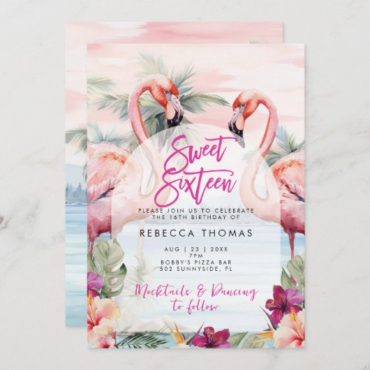 フラミンゴビーチスウィート16パーティの招待状 招待状 (正面/裏面)
