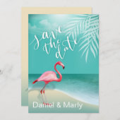 フラミンゴビーチ Save the Date | アクア 招待状 (正面/裏面)