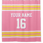 フラミンゴピンクイエローホワイトストライプスポーツジャージー シャワーカーテン (正面)