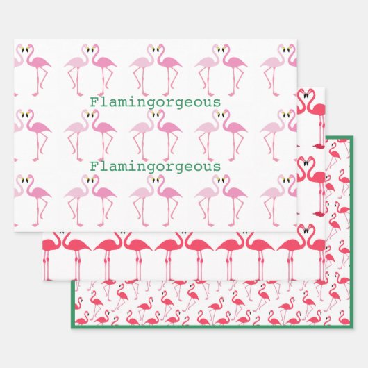 フラミンゴピンクグリーンカスタムタイポグラフィ3ピース ラッピングペーパーシート (セット)
