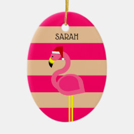 フラミンゴピンクストリップトロピカルクリスマス メタルオーナメント