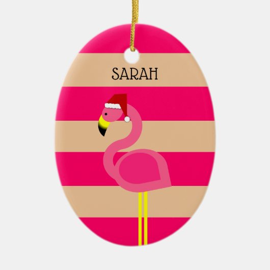 フラミンゴピンクストリップトロピカルクリスマス メタルオーナメント (正面)