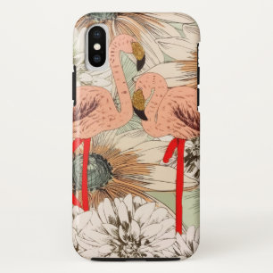フラミンゴピンクフローラ熱帯葉グリッター iPhone XSケース