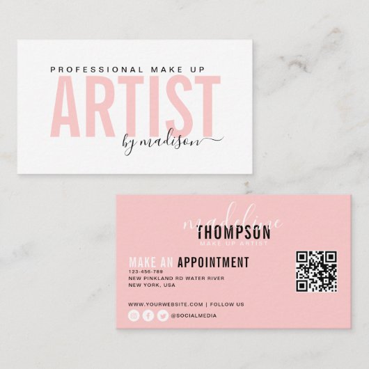 フラミンゴピンクプロフェッショナルメイクアップアーティスト 名刺 (正面/裏面)