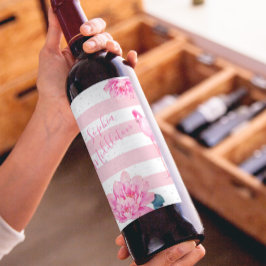 フラミンゴピンクホワイトストライプフローラシックシルバー ワインラベル