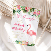 フラミンゴピンク金ゴールドファースト誕生日 招待状