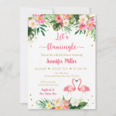 フラミンゴピンク金ゴールド熱帯フローラブライダルシャワー 招待状 (正面)