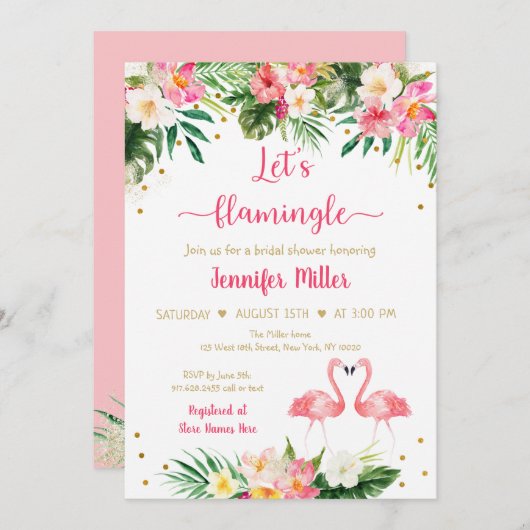 フラミンゴピンク金ゴールド熱帯フローラブライダルシャワー 招待状 (正面/裏面)